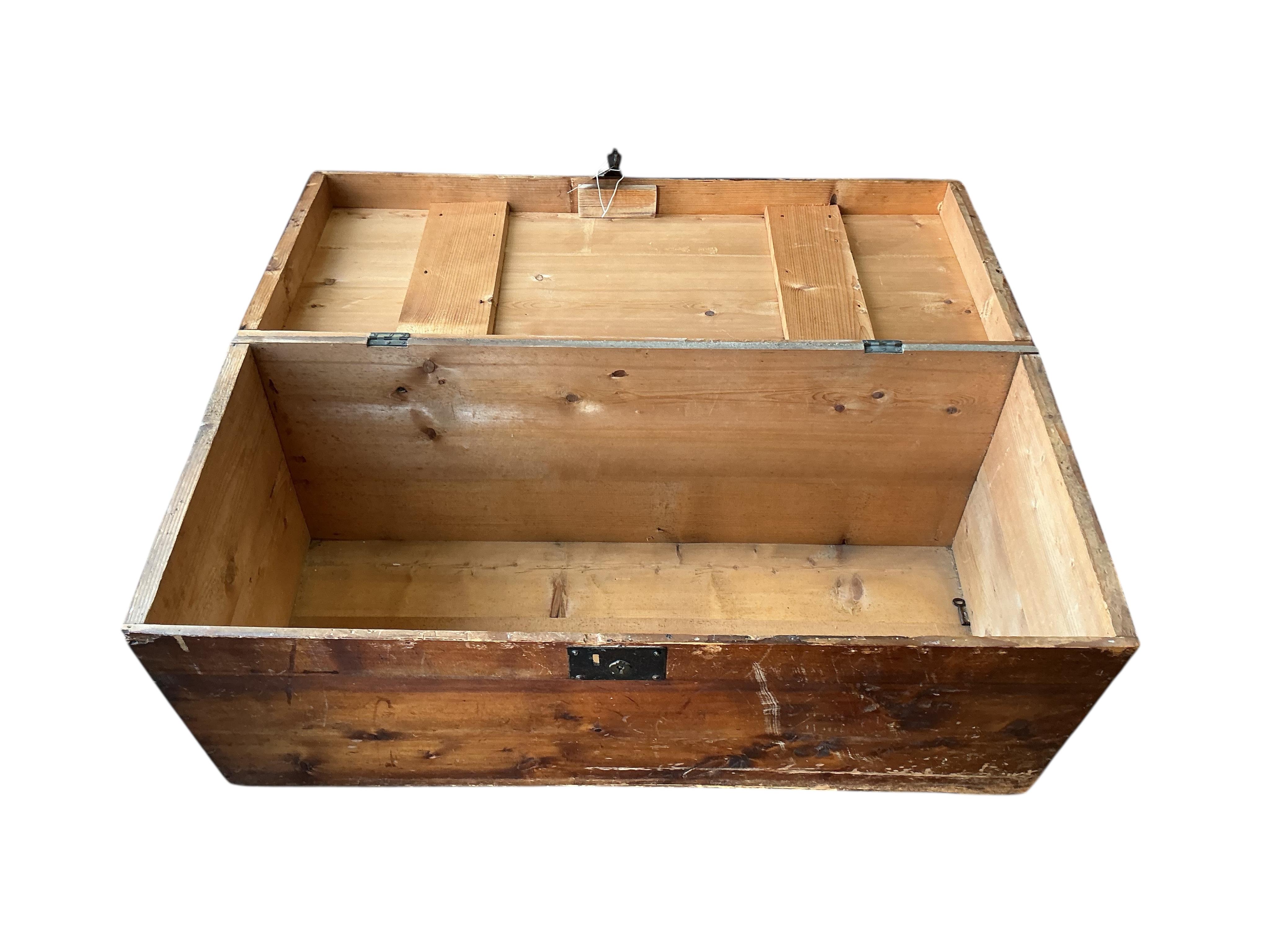 A Victorian rectangular pine trunk, width 91cm, depth 39cm, height 41cm